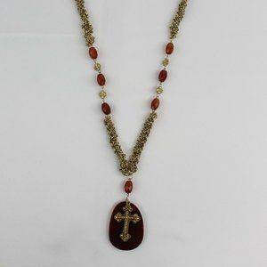 Nicole Miller Gold & Orange/Brown Cross Necklace